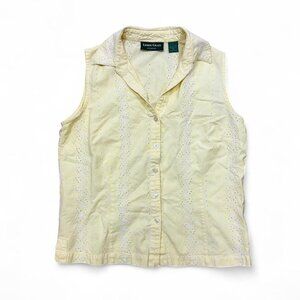 Vintage Lemon Grass Baby Yellow Embroidered Cotton Sleeveless Shirt Button Up Ta
